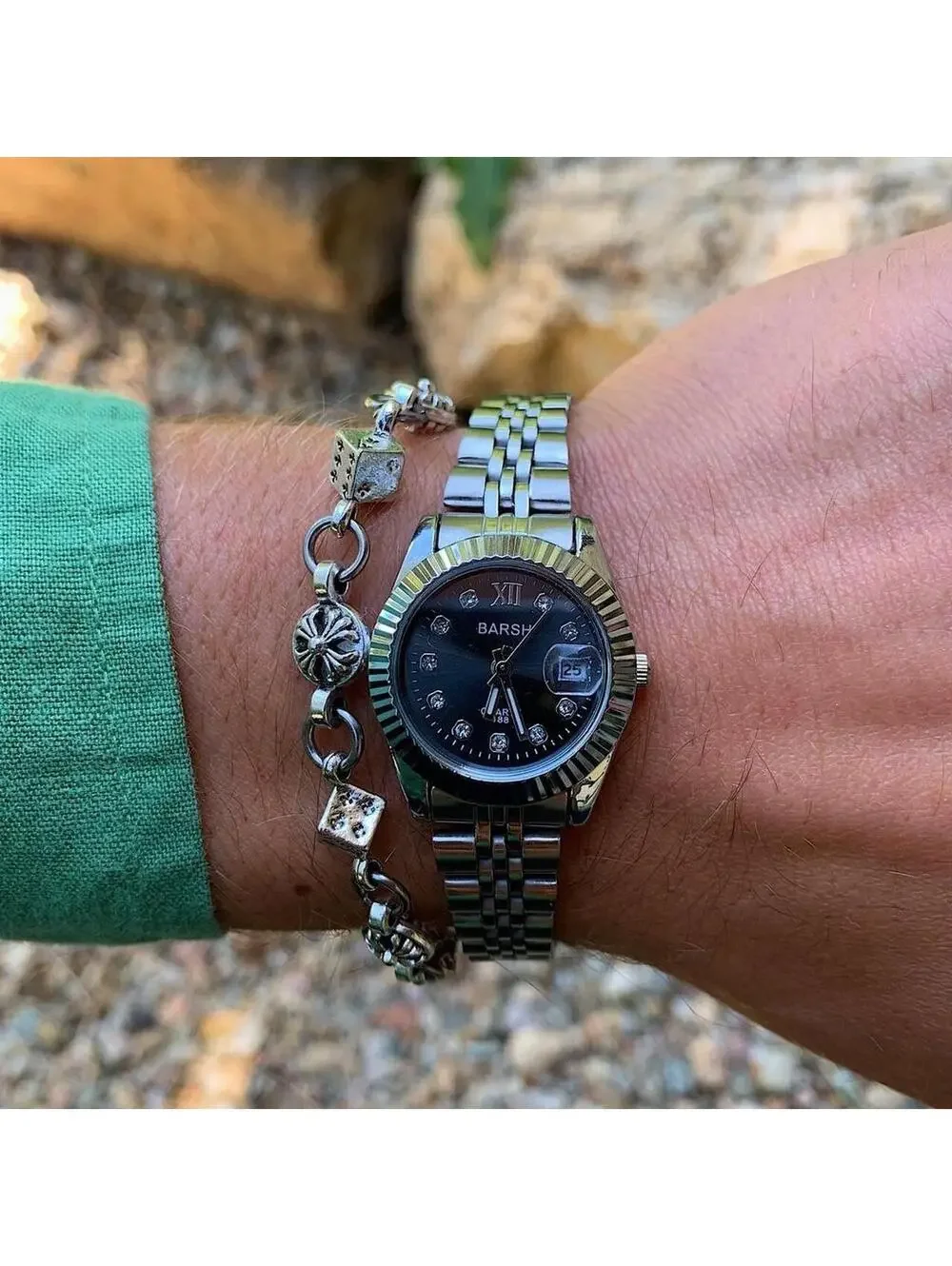 Classy Y2K 2000s style Silver and black watch with diamond accents. Nice quality